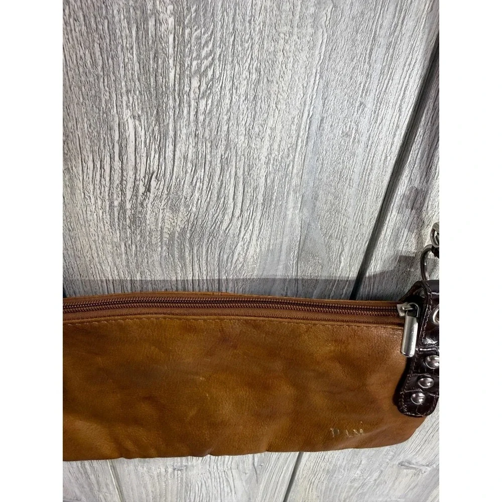 Lavorazione Artigianale Italy Tan Leather Foldover Crossbody Bag Croc Trim PAM